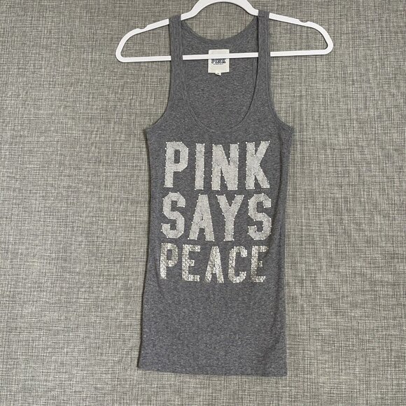 Y2K Victorias Secret Pink Tank Top Womens Small Bling Peace Rhinestones Grey - Picture 1 of 12
